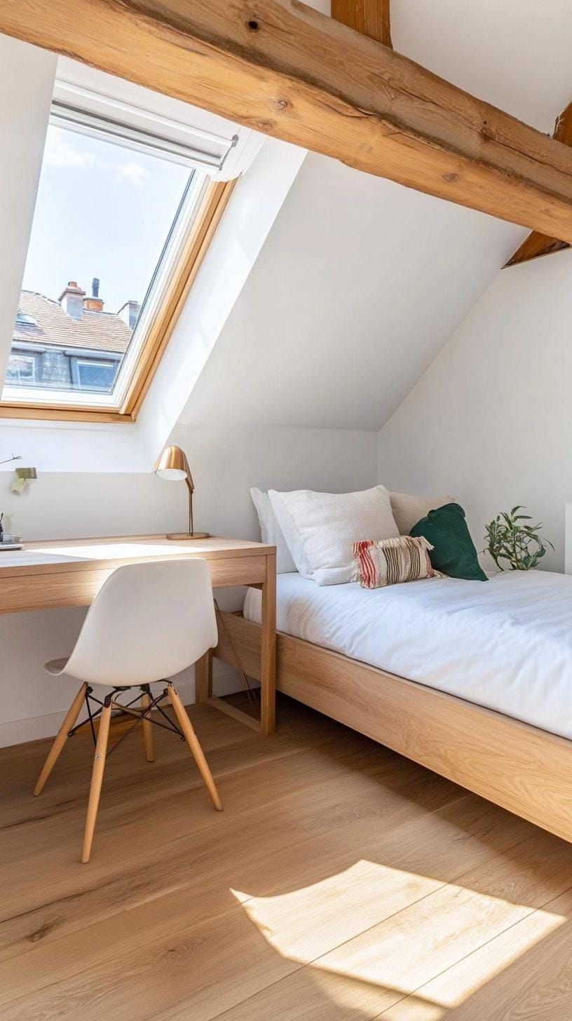 15 Genius Small Attic Bedroom Ideas To Maximize Space 4 1. Lofted Bed with Desk Underneath: Utilize vertical space by placing a desk beneath a raised bed-1