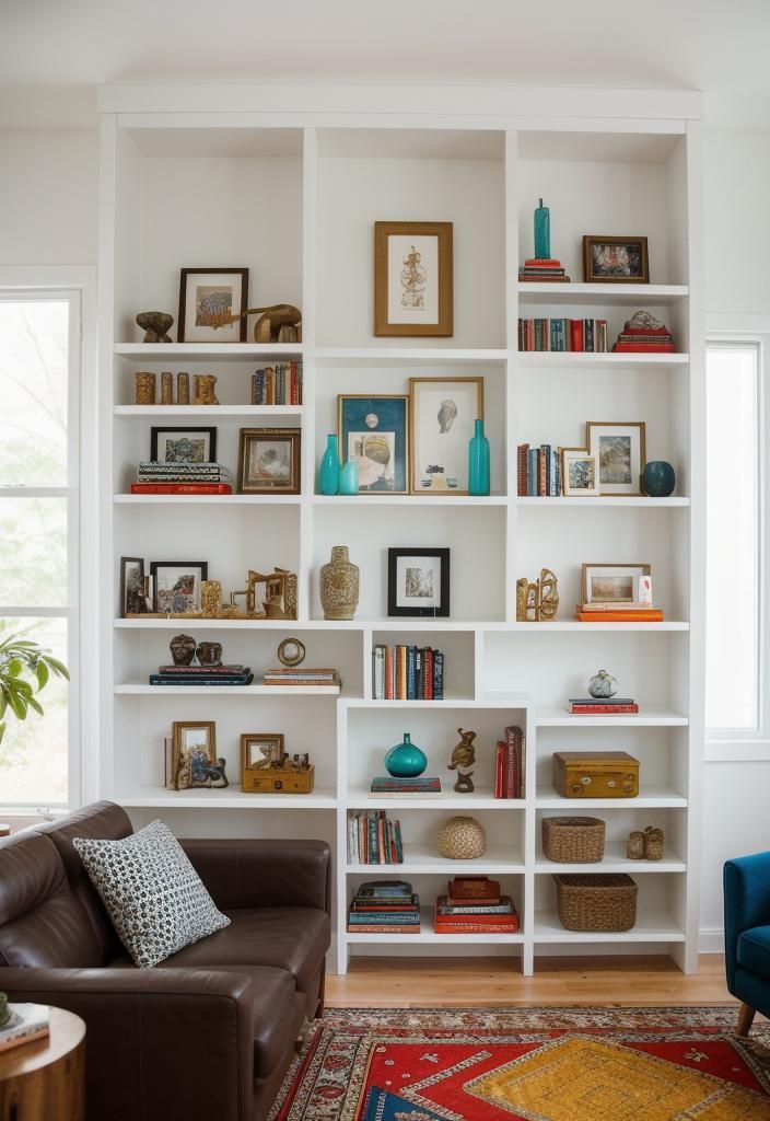 21 Elegant Built-In Shelves Ideas for the Living Room 11 9. Eclectic Cubby Shelves Display Section-0