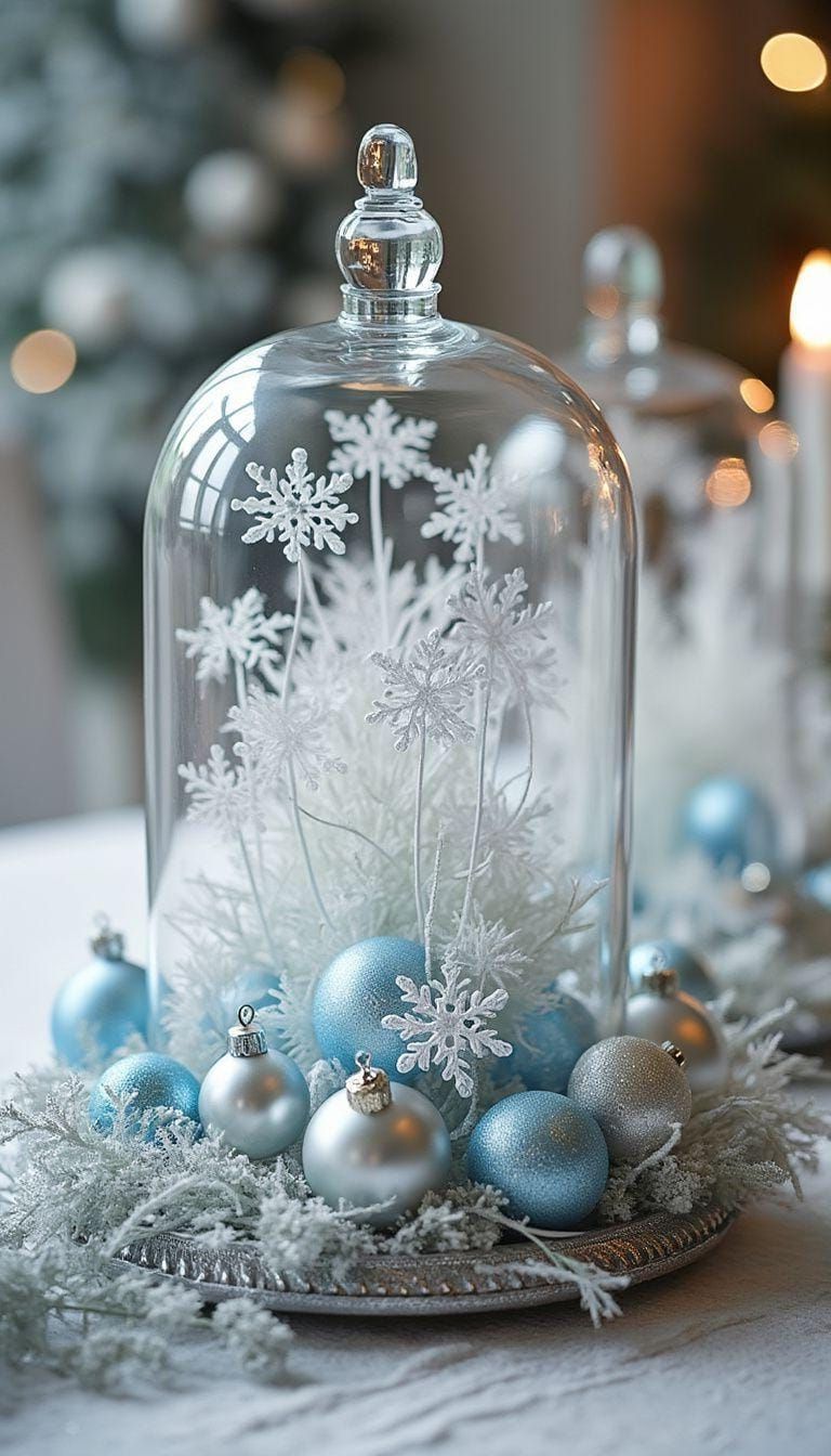 15 Stunning Winter Centerpieces to Transform Your Table 6 2. Snowflake Terrariums: Use clear glass domes to house delicate snowflake ornaments alongside pale blue and silver baubles-0