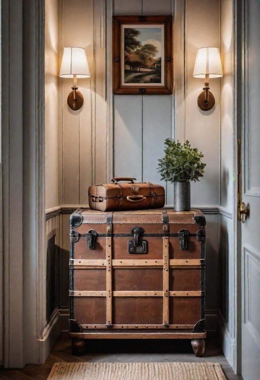 39 Chic Small Entrance Hall Ideas: Creative Solutions for Welcoming Spaces 11 8. Vintage Trunk Dual Functionality-0