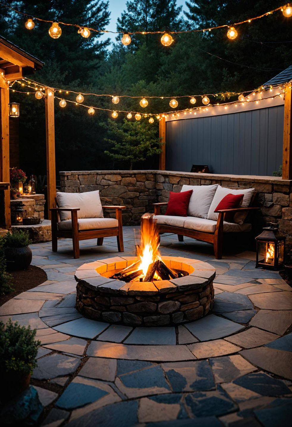 21 Small Flagstone Patio Ideas You’ll Love 19 6. Cozy Fire Pit and Seating-2