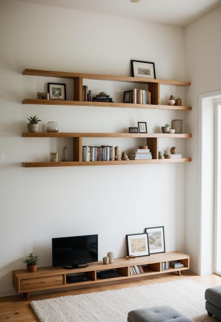 21 Elegant Built-In Shelves Ideas for the Living Room 14 11. Minimalist Barn Door Shelves-0