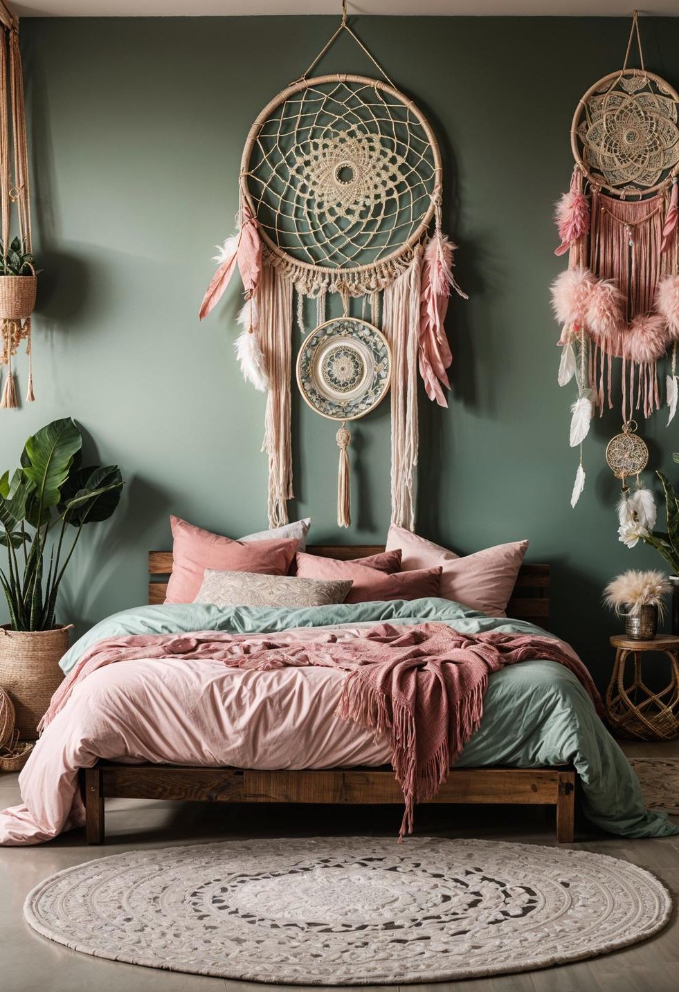 31 Chic Sage Green and Pink Bedroom Inspirations 3 1. Dreamy Boho Bedroom Decor-0