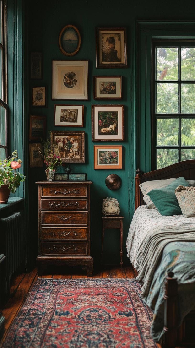 9. Gallery wall featuring vintage frames and boho decor pieces-2