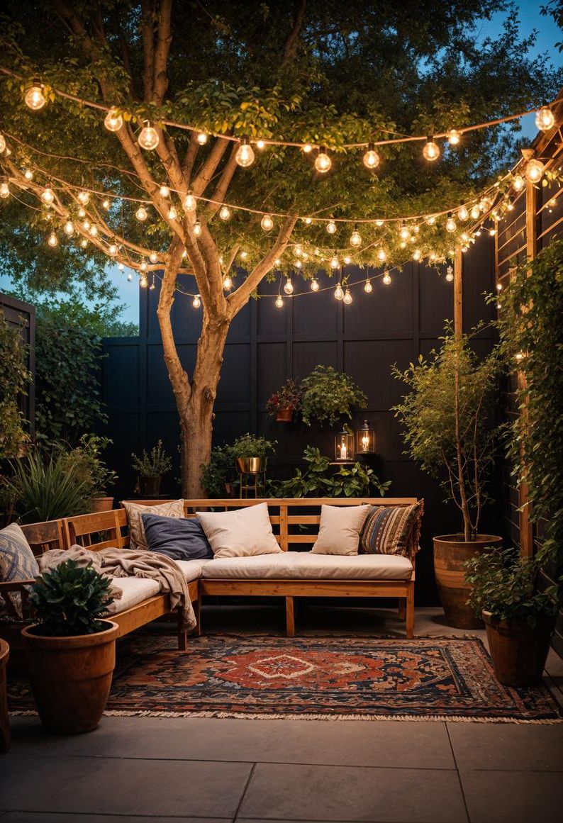 15 Chic Boho Patio Ideas You’ll Love 23 9. Enchanting Tree Branch String Lights-1