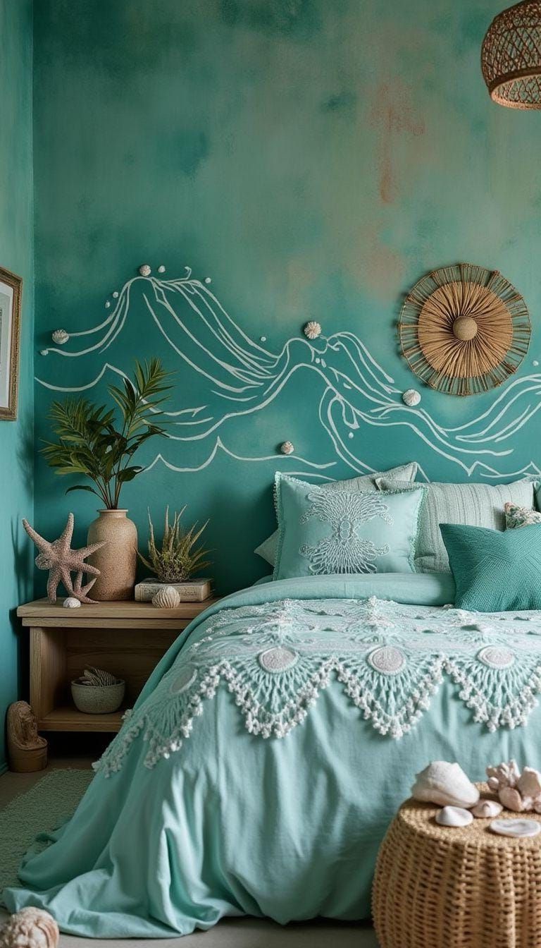8. Oceanic Boho Breezes: Integrate aqua blues and seafoam greens with wave-like patterns and seashells-0