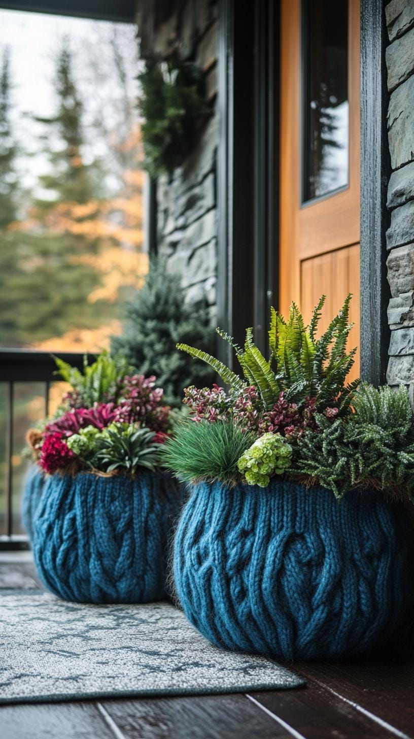 15 Gorgeous Winter Porch Decor Ideas to Spark Your Creativity 20 6. Recycled Wool Sweater Planters with Winter Greens-2