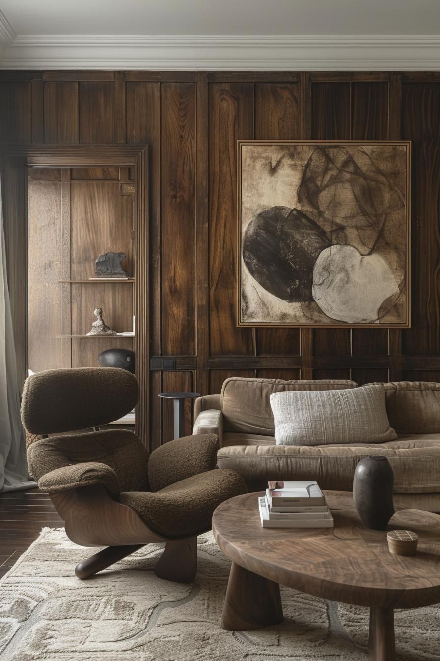 15 Best Moody Mid Century Modern Living Room Ideas 7 2. Moody Art Gallery Accent Wall-0