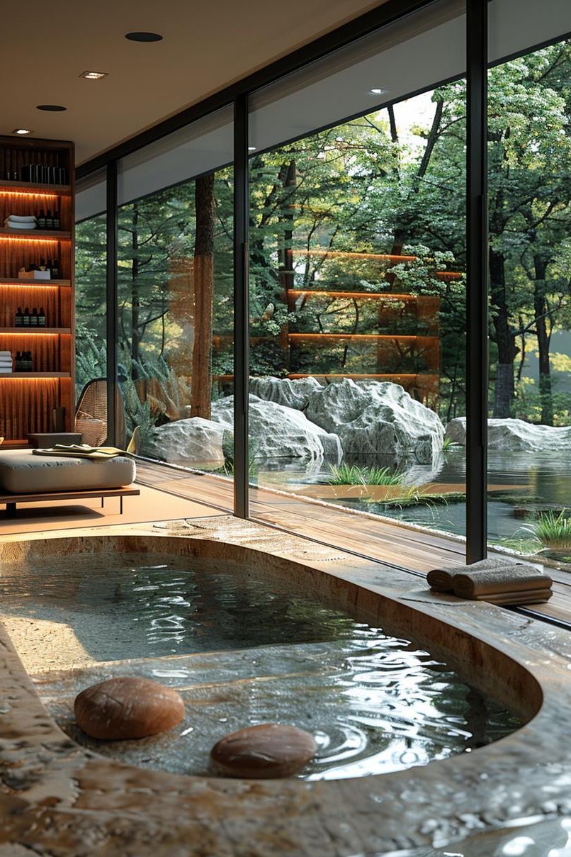 15 Chic Mid Century Modern Bathroom Ideas For Timeless Elegance 12 4. Sunken Bathtub with River Rocks-0