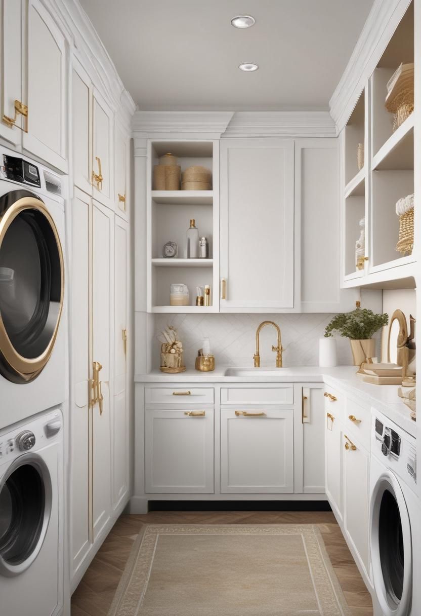 20 Innovative Laundry Room Cabinet Ideas: Stylish Storage Solutions 25 17. Luxe White & Gold Cabinets-1