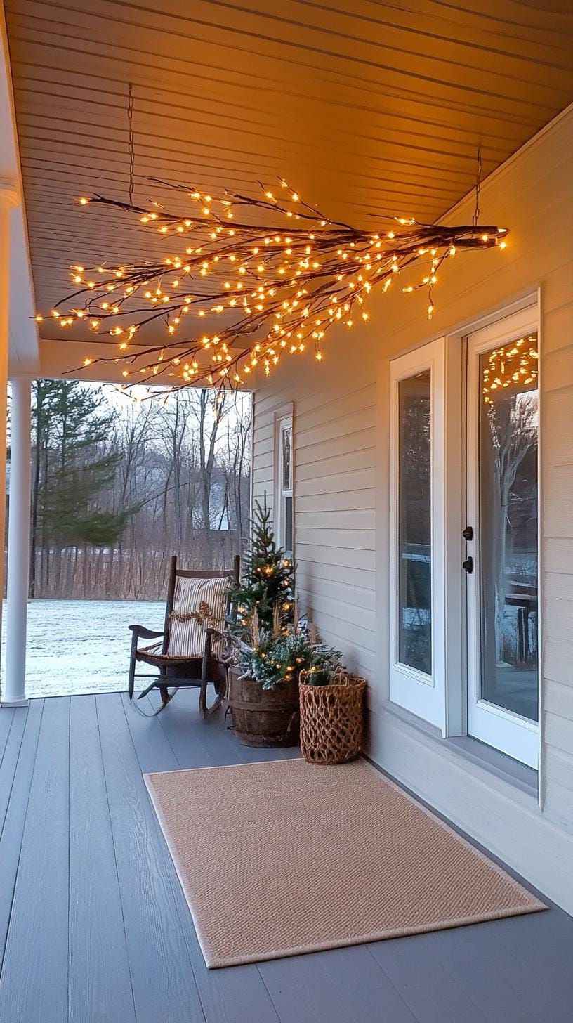 15 Gorgeous Winter Porch Decor Ideas to Spark Your Creativity 16 5. DIY Branch Ice Chandelier Featuring Twinkly LED Lights-1