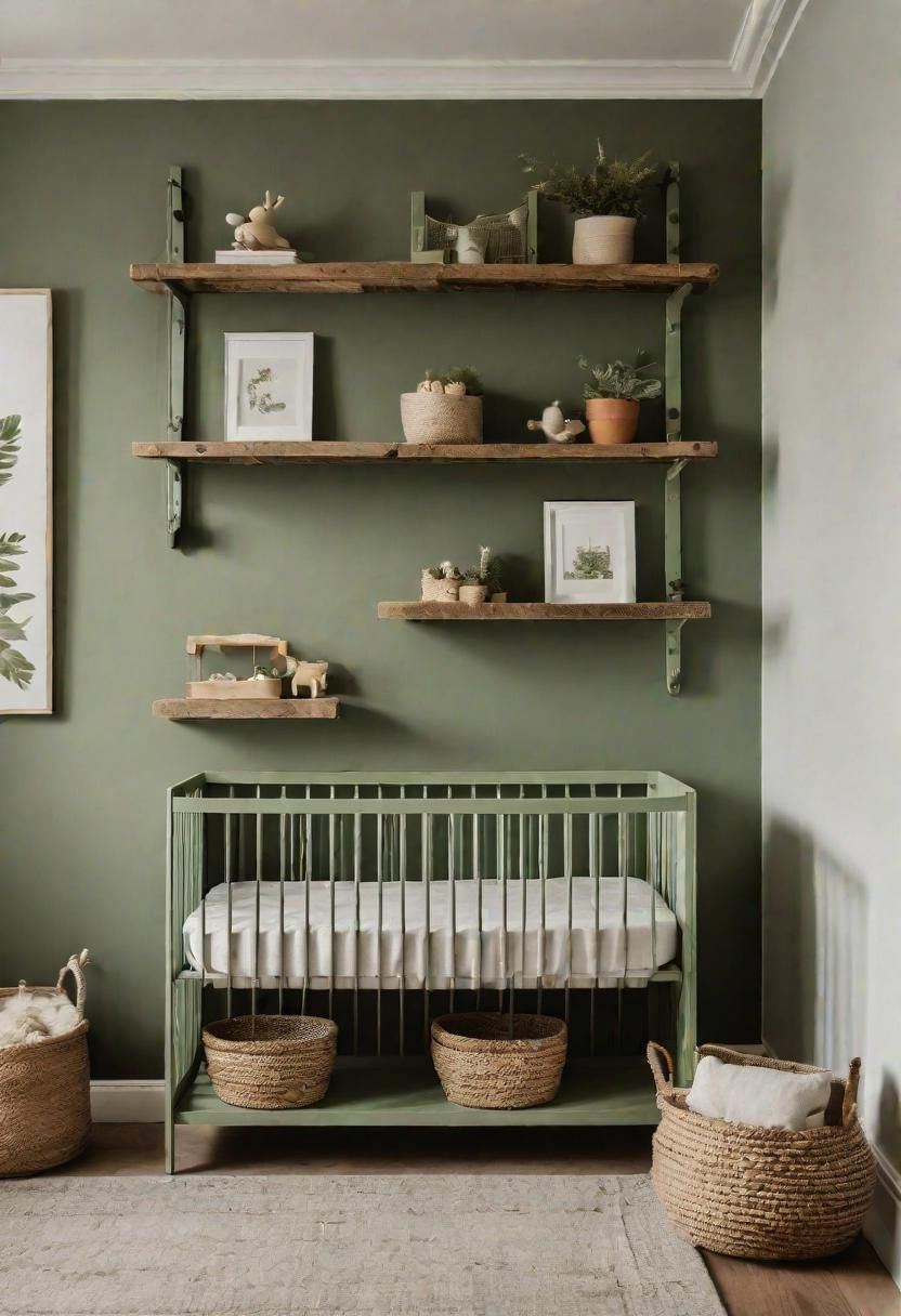 45 Serene Sage Green Nursery Ideas: Calming and Chic Inspirations 27 22. Sage Green Wood Shelves-0