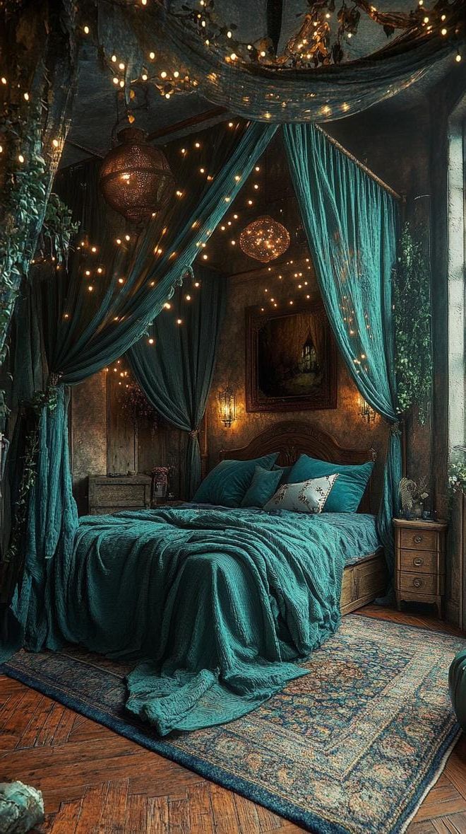 7. Canopy bed with heavy drapes and ambient string lights-2