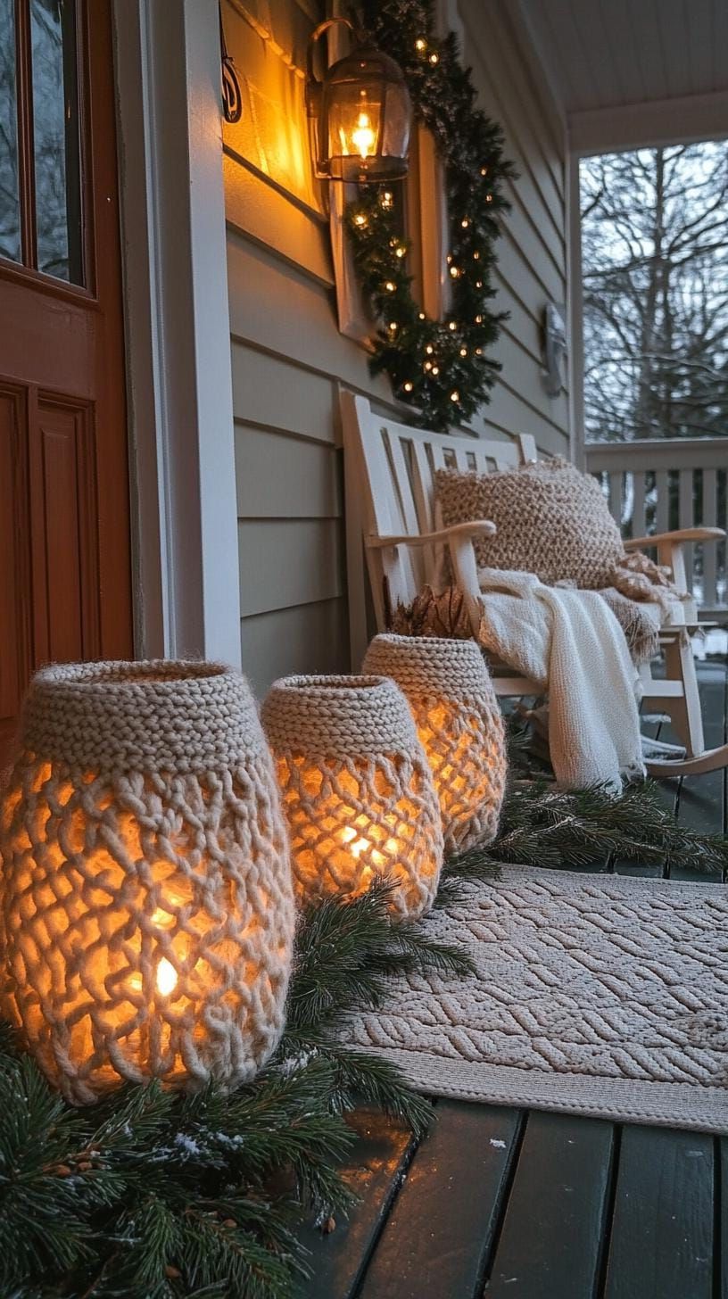 15 Gorgeous Winter Porch Decor Ideas to Spark Your Creativity 5 1. Cozy Knitted Yarn Lanterns for a Warm Glow-2