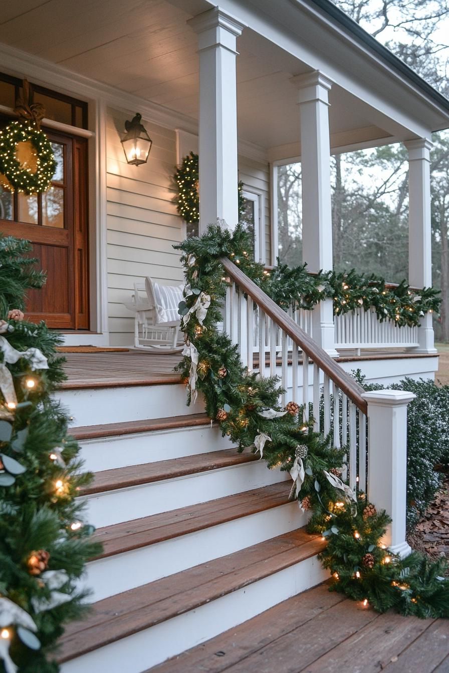 16 Unique Front Porch Christmas Decor Ideas for Holiday Season 33 12. Porch Railing Garland Swags-0
