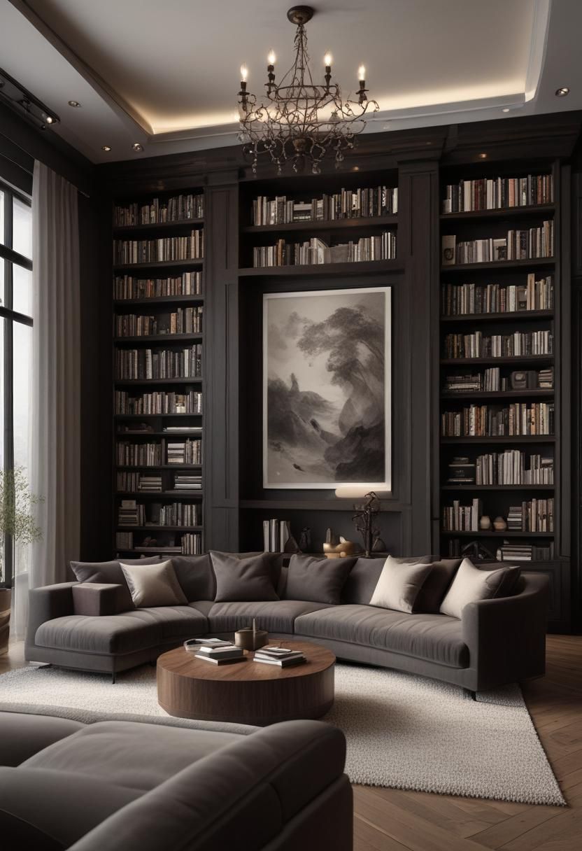 21 Elegant Built-In Shelves Ideas for the Living Room 13 10. Dark Wood Entertainment Center Shelves-1