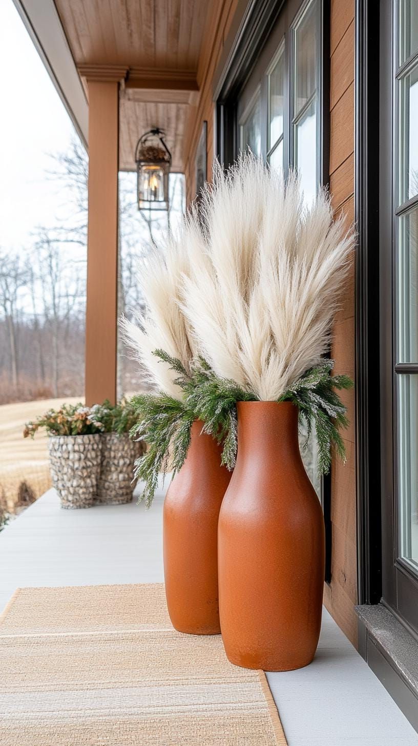 15 Gorgeous Winter Porch Decor Ideas to Spark Your Creativity 43 14. Tall Ceramic Vases with Sparkling White Pampas Grass-2