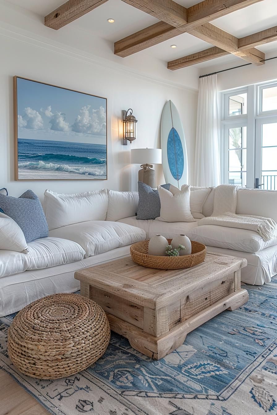 15 Aesthetic Modern Coastal Living Room Ideas 29 11. Chic Surfboard Wall Art Inspiration-1