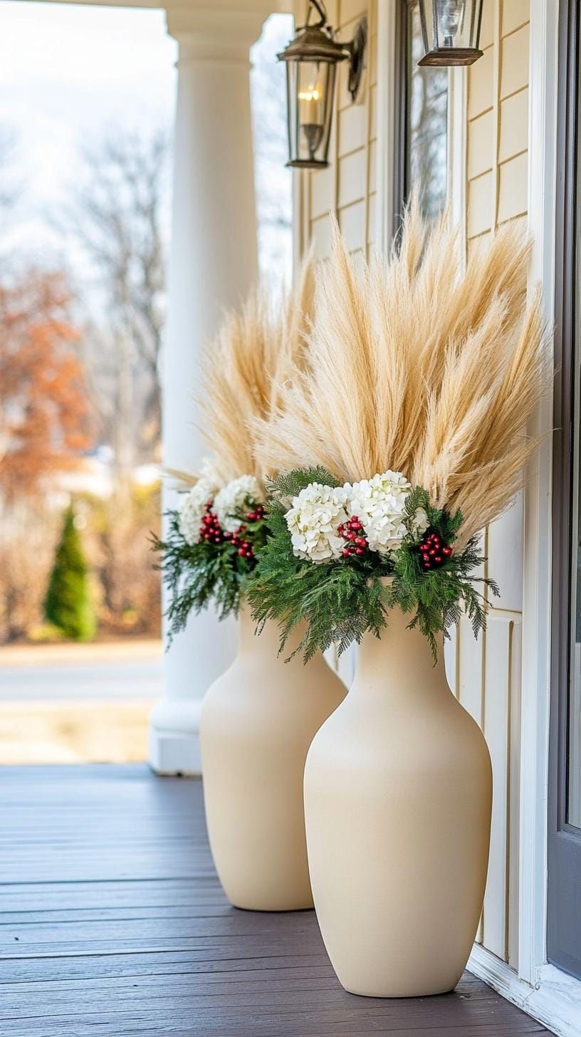 15 Gorgeous Winter Porch Decor Ideas to Spark Your Creativity 41 14. Tall Ceramic Vases with Sparkling White Pampas Grass-0