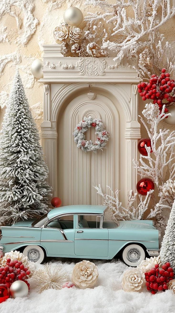 23 Vintage Mid-Century Modern Christmas Ideas to Inspire You 37 15. Classic car winter scene with modernist stone architecture-1