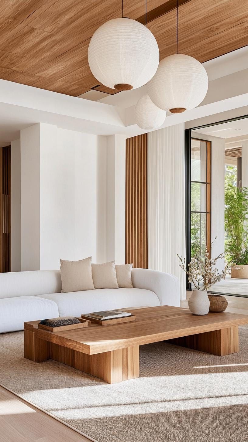 15 New Japandi Living Room Ideas You’ll Love 22 8. Balanced Light Play: Mix of Natural Light and Soft Lantern Style Fixtures-0