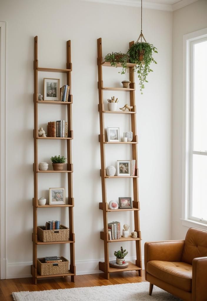 21 Elegant Built-In Shelves Ideas for the Living Room 28 19. Vintage Ladder Wall Shelves-0