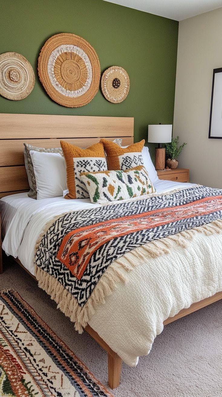 23 Stunning Olive Green Bedroom Ideas You’ll Absolutely Love 45 13. Eclectic Olive Green Bedroom with Bold Patterns and Mixed Textiles-2