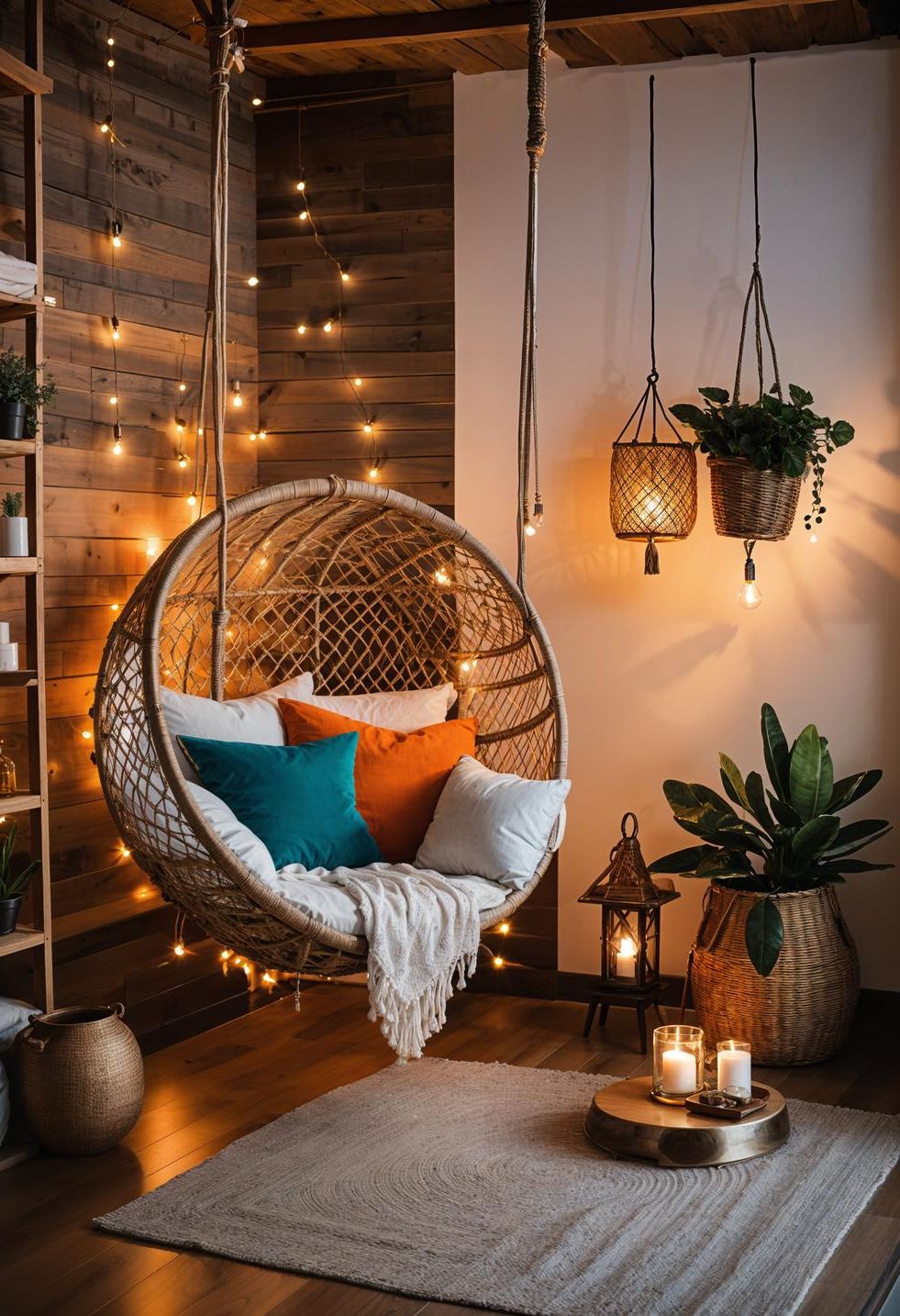 45 Chic & Modern Boho Living Room Ideas To Copy 8 3. Cozy Rattan Swing Chair Nook-1
