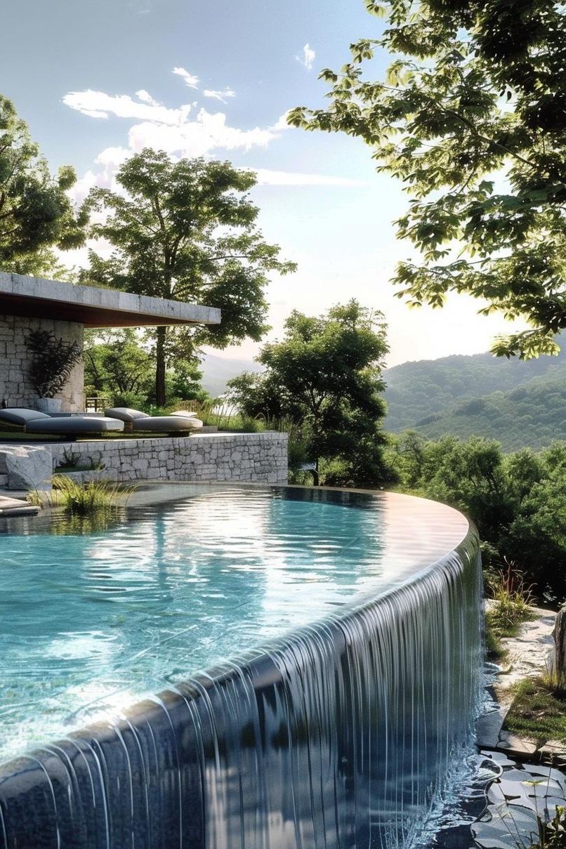 15 Modern Pool Designs Transforming Your Backyard 5 1. Waterfall-Edged Infinity Pool Designs-2
