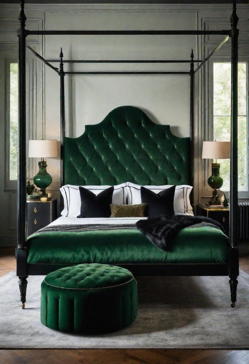 20 Elegant Green and Black Bedroom Ideas You Must See 27 9. Vintage Velvet: Combine a hunter green velvet armchair with a black iron four-poster bed-0
