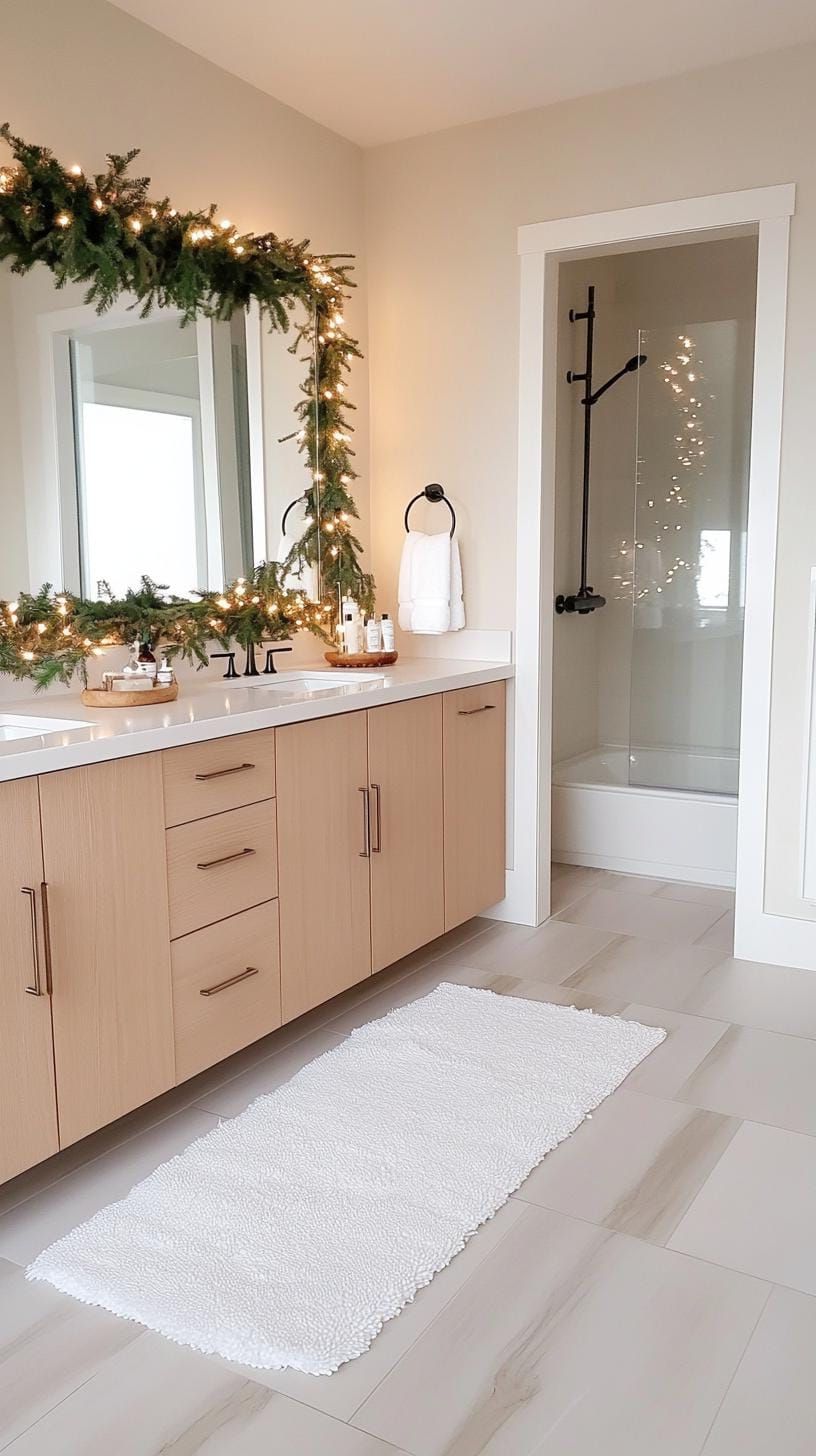 19 Simple Christmas Decor Ideas for Small Bathrooms 9 5. Garland of warm lights and pine over mirror-1