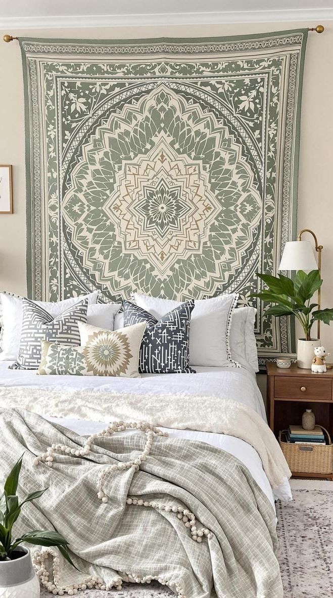 5. Tapestry Headboard: Opt for a sage and ivory tapestry to serve as a striking headboard feature-0
