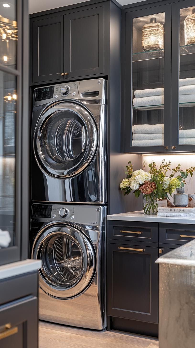 20 Genius Tiny Laundry Room Ideas: Organization & Stacked Design 35 13. Glass-front upper cabinets above chrome front-loading machines-1