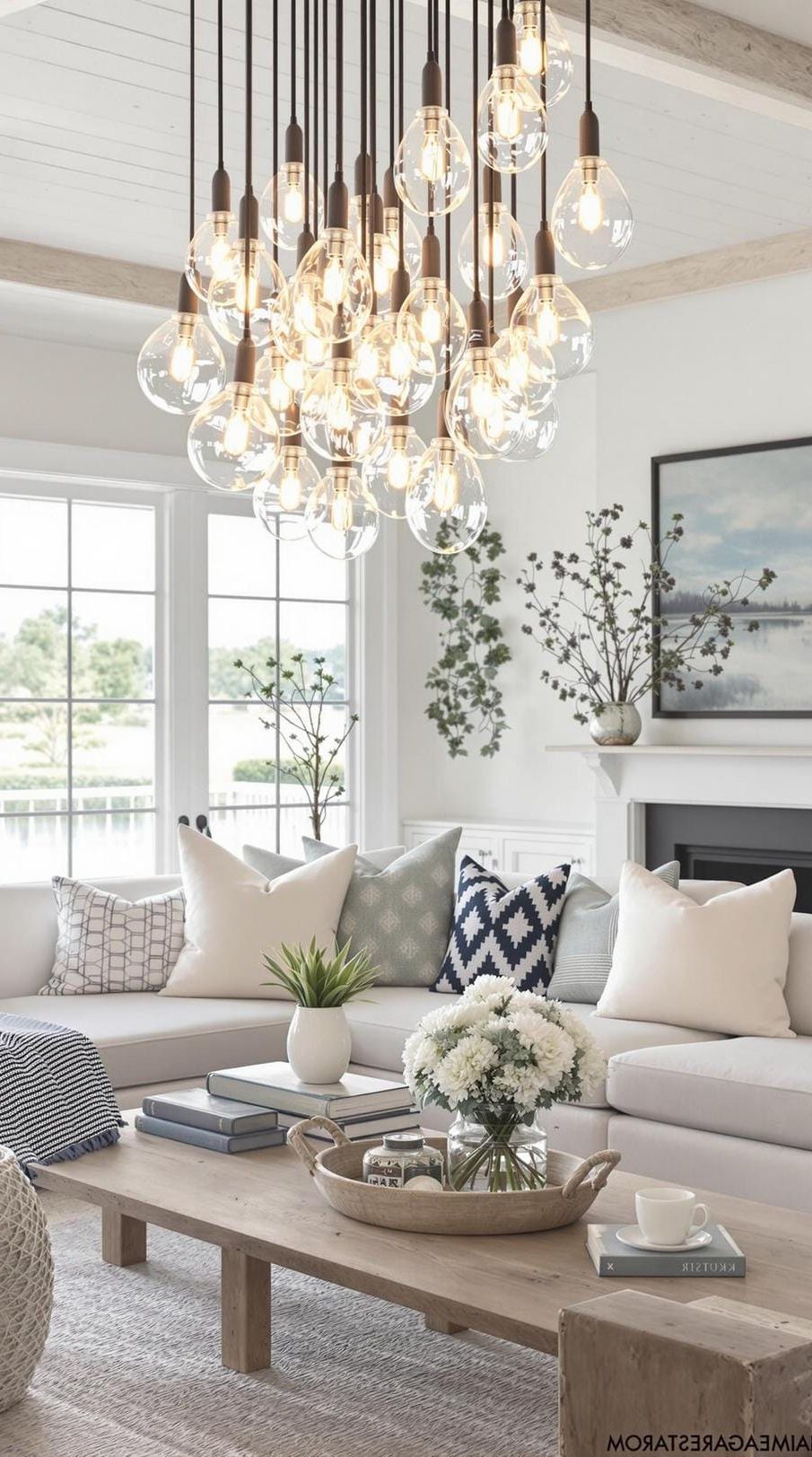 20 Unique Coastal Farmhouse Living Room Ideas That Wow 42 13. Incorporate glass buoy float lights in a chandelier for unique coastal lighting-2