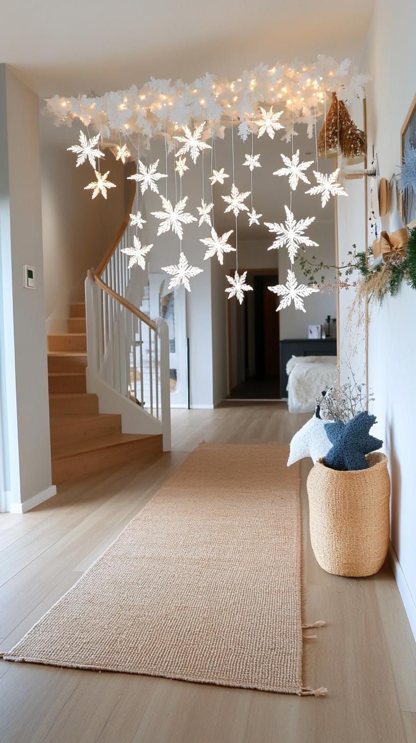 20 Unique Christmas Hallway Decoration Ideas 6 2. White snowflake curtain cascade with warm LED backdrop-1