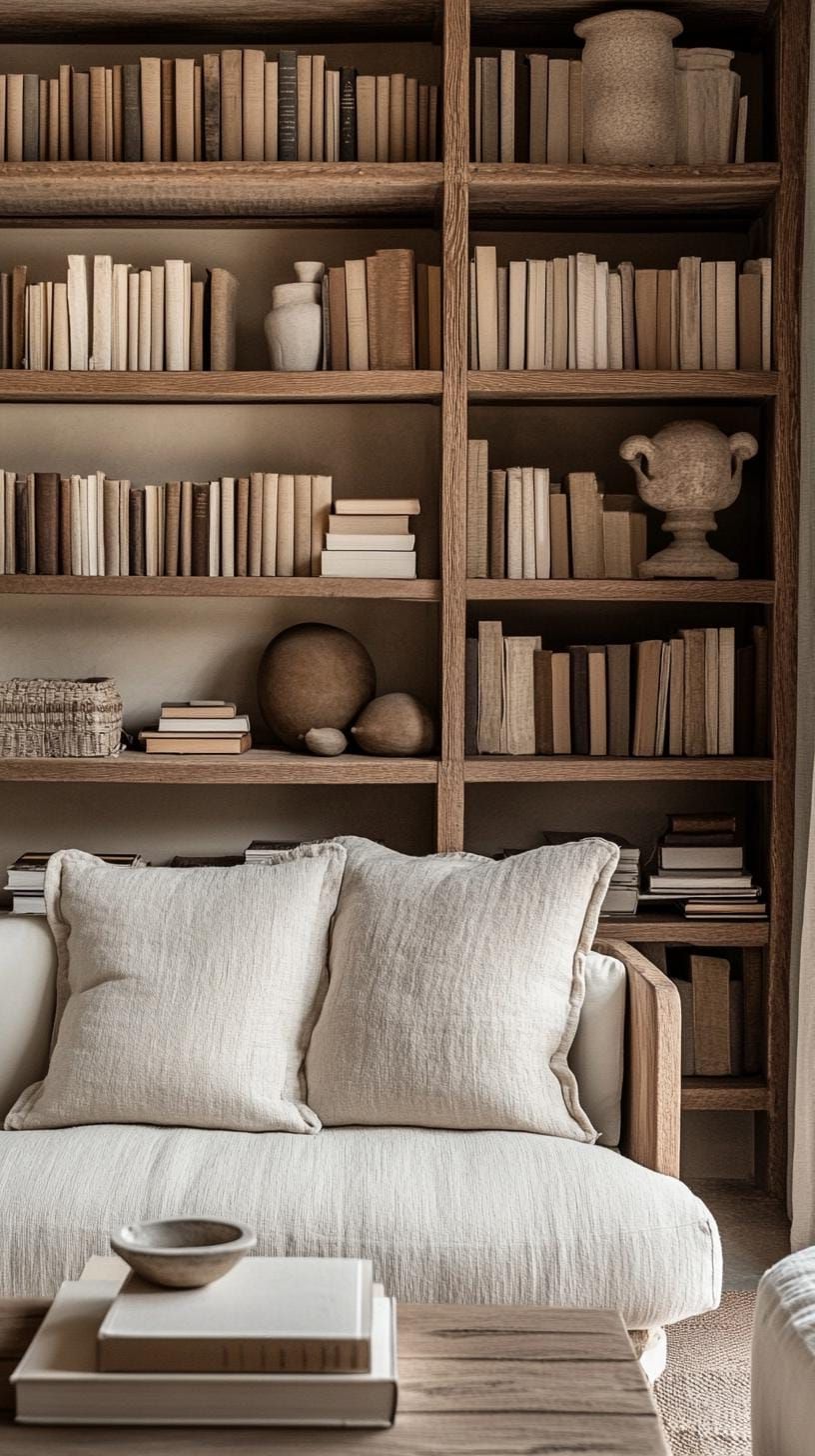 21. Tiered wooden bookshelves styled with books and neutral decor-0