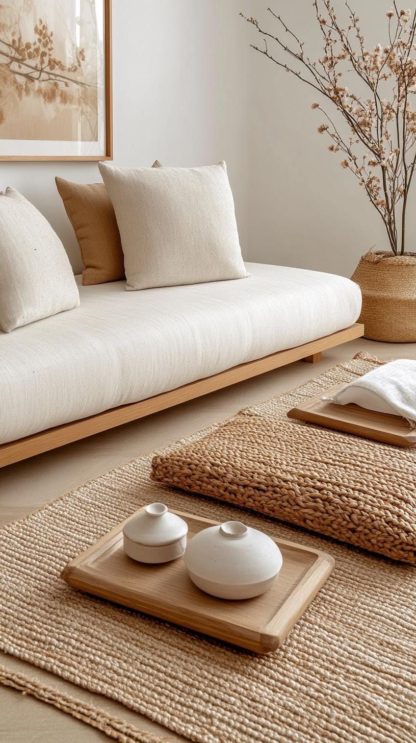 15 New Japandi Living Room Ideas You’ll Love 42 15. Curated Calm: Neutral Palette with Textured Elements and Symmetrical Layout-2