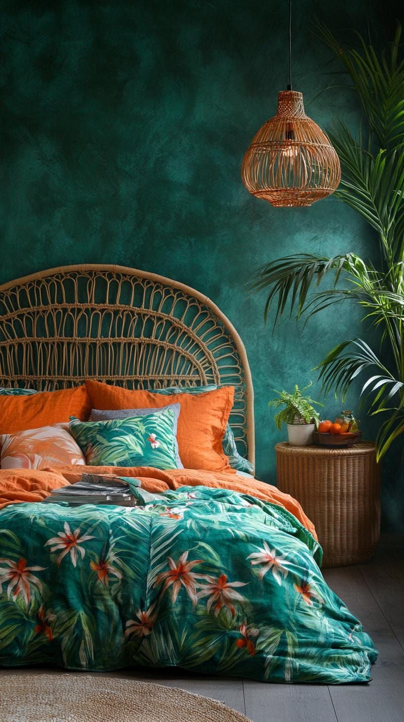 3. Tropical Oasis Retreat: Utilize vibrant orange and teal with tropical leaf patterns and macramé touches-2