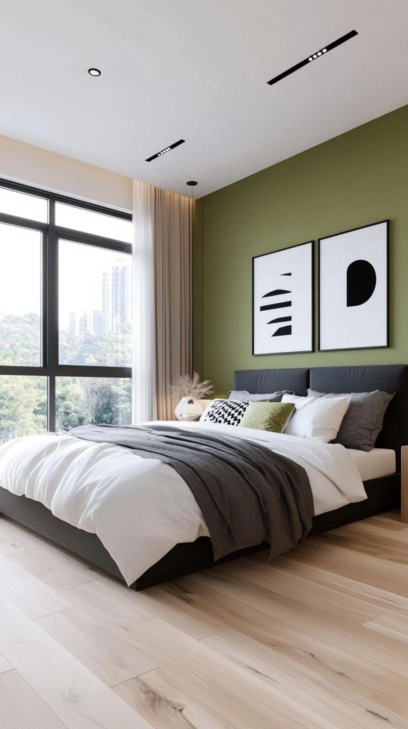 23 Stunning Olive Green Bedroom Ideas You’ll Absolutely Love 64 20. Olive Green and Black Monochromatic Minimalist Bedroom-0