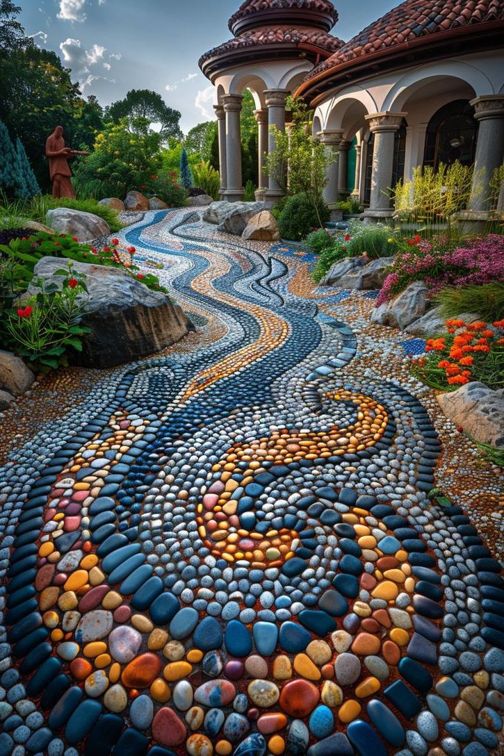 18 Gorgeous Gravel Patio Ideas For Your Backyard Makeover 41 16. Creative Gravel Mosaic Pathway Design-0