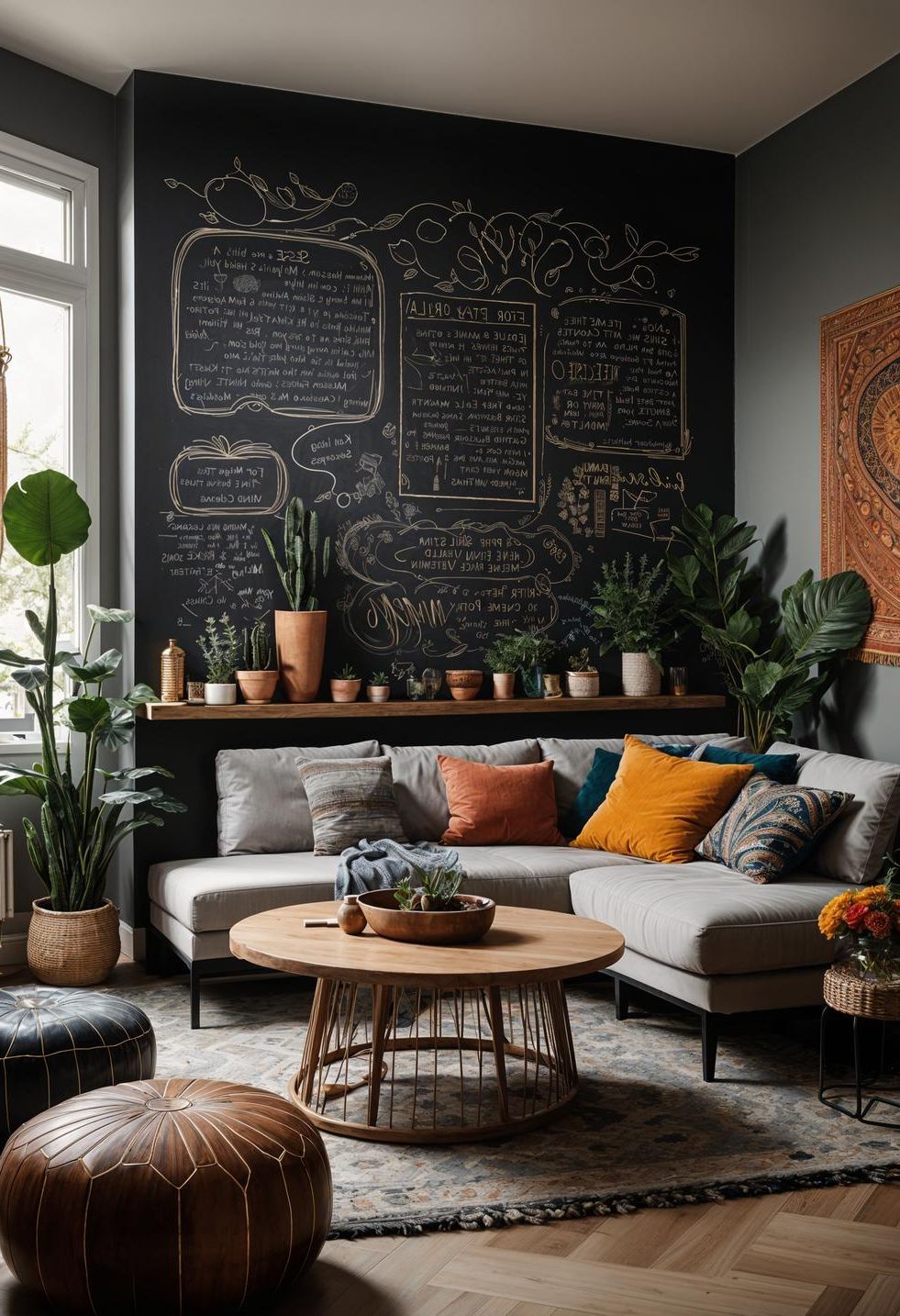 45 Chic & Modern Boho Living Room Ideas To Copy 73 33. Chalkboard Wall Interaction in Boho Living Room-1