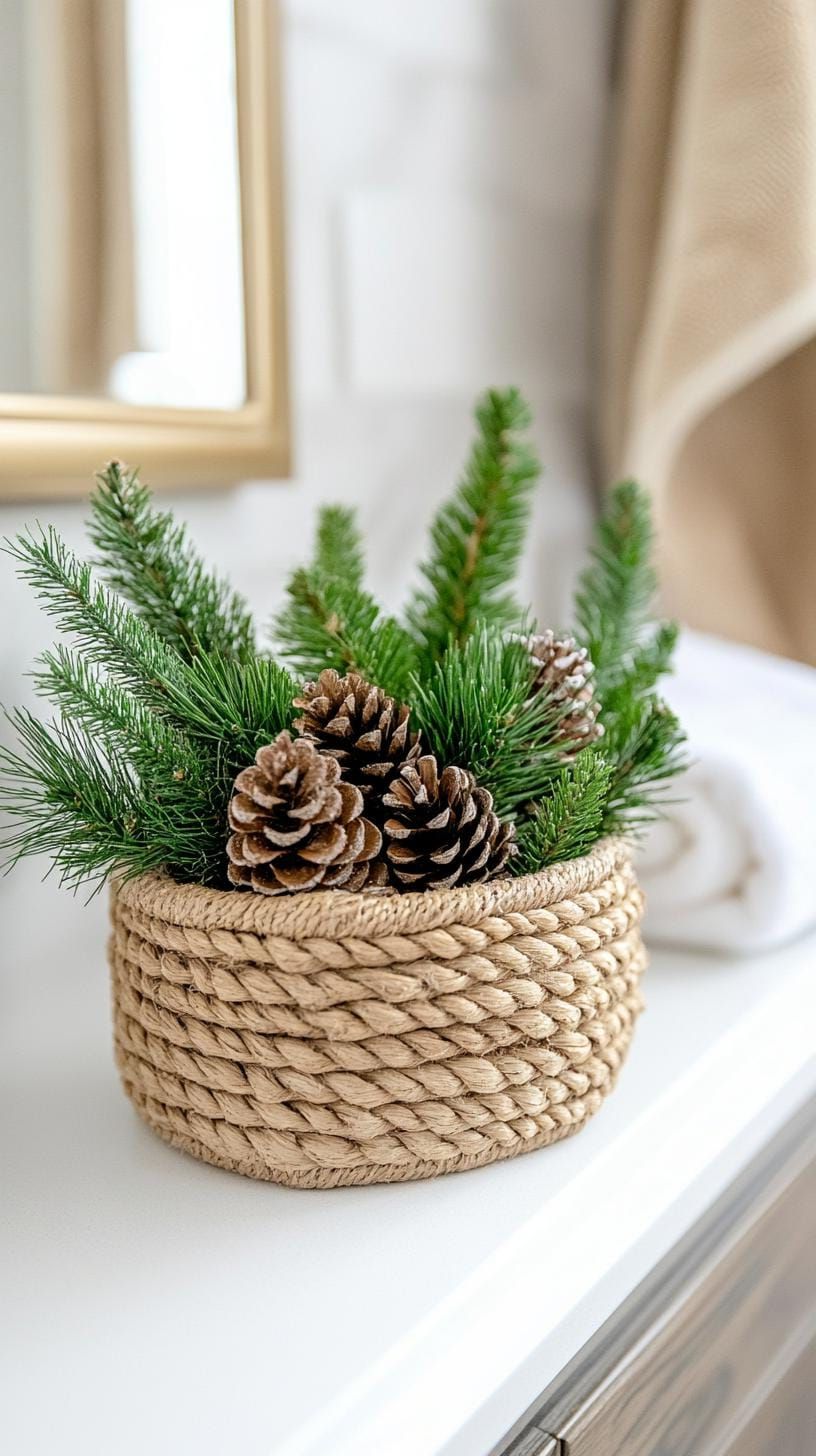 19 Simple Christmas Decor Ideas for Small Bathrooms 31 16. Small basket with pine cones and evergreen sprigs-1