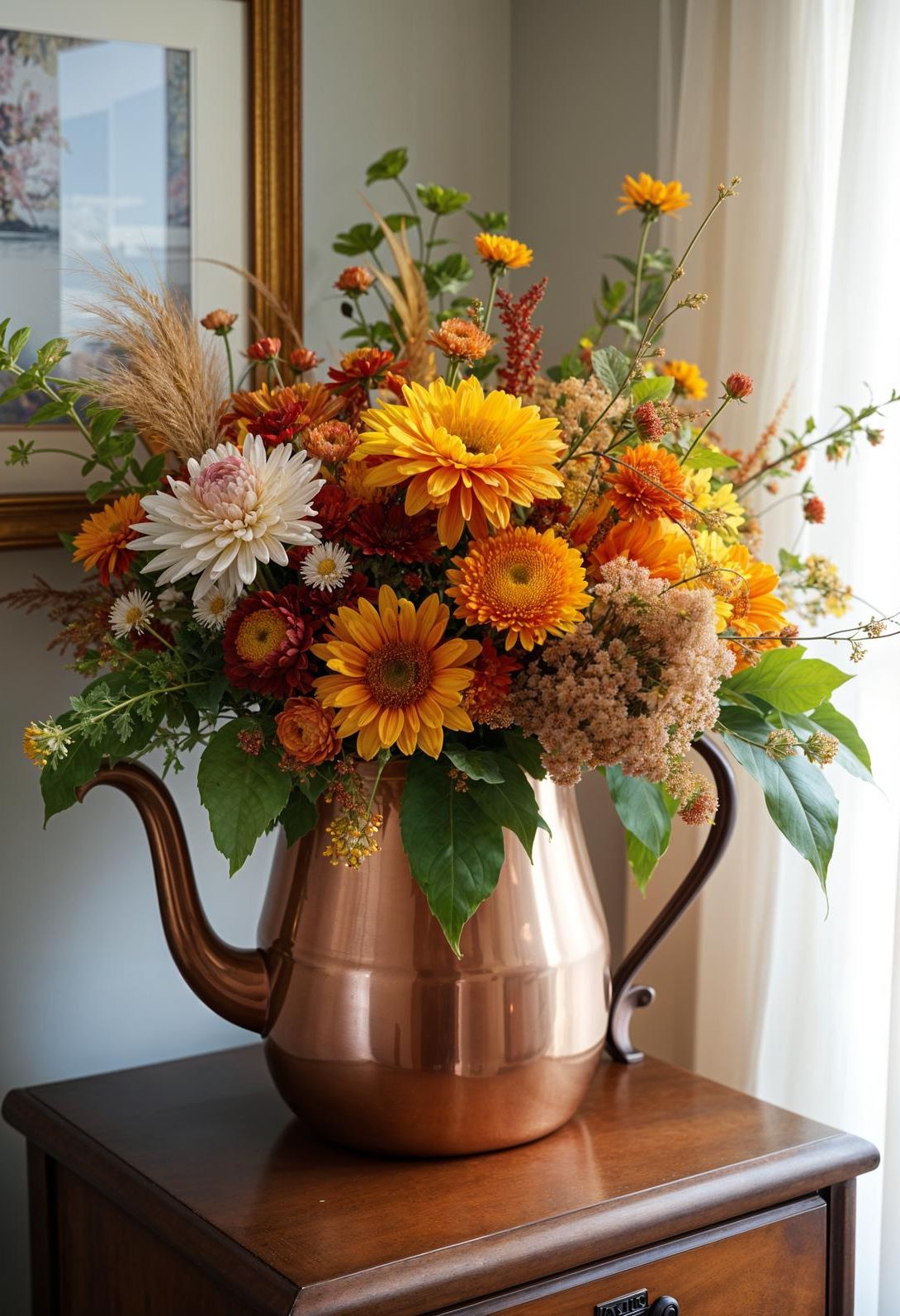 15 Cozy Fall Decor Ideas for Your Home 32 12. Copper Kettle Floral Repurpose-0