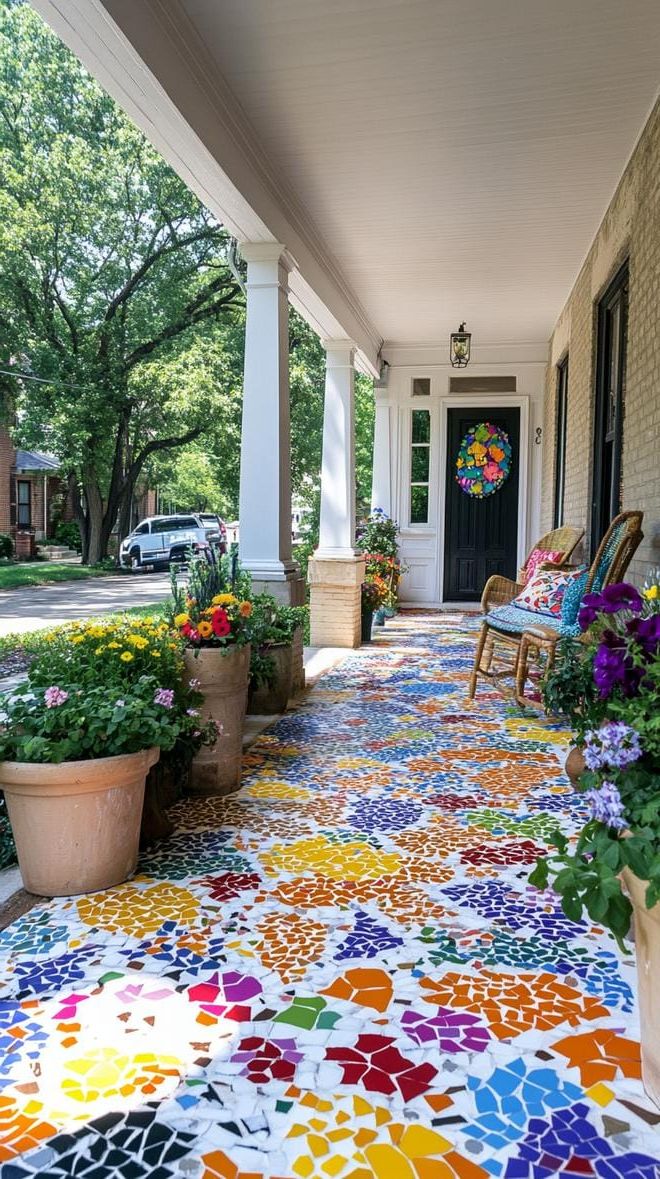 25 Beautiful Front Porch Ideas to Elevate Your Home Style 41 14. Artistic enclave: Colorful murals, eclectic sculptures, and a patchwork of vibrant mosaics for a creative escape-1