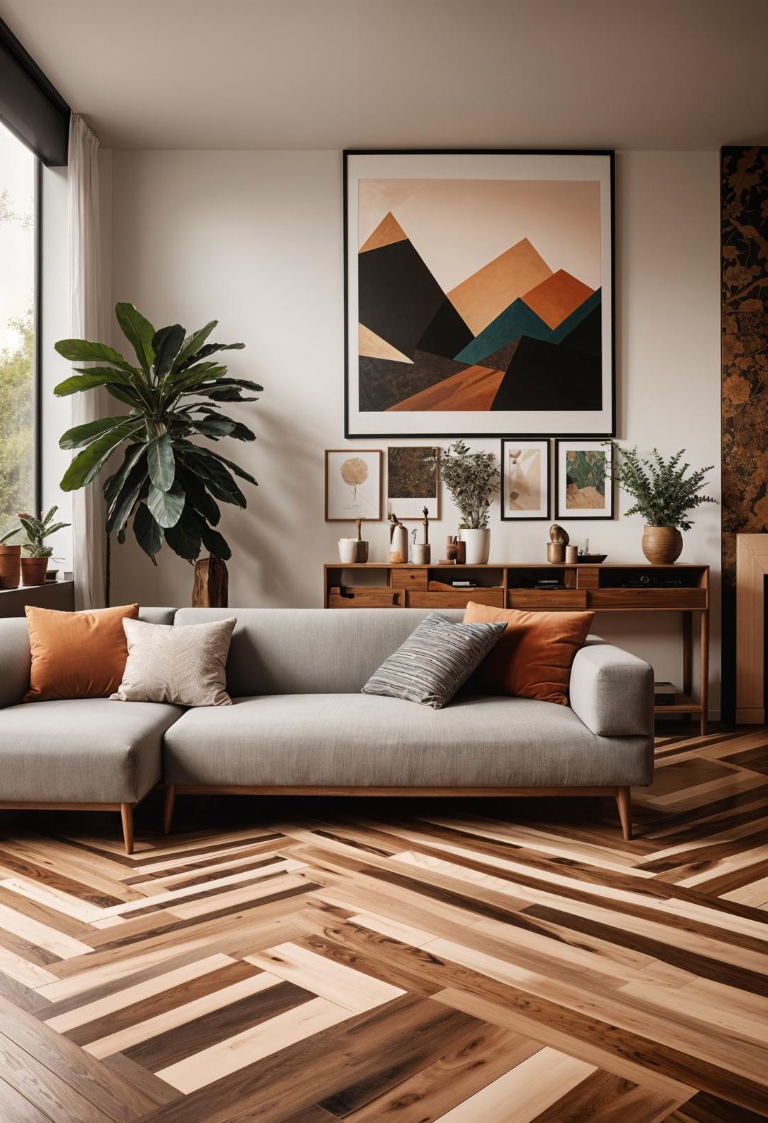45 Chic & Modern Boho Living Room Ideas To Copy 54 23. Artistic Geometric Wood Flooring-1