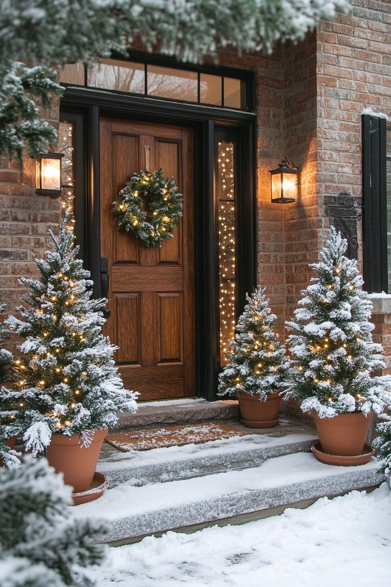 16 Unique Front Porch Christmas Decor Ideas for Holiday Season 10 4. Festive Entryway Tree Groupings-0