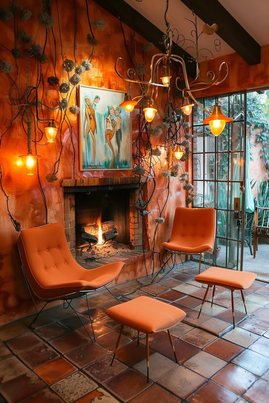 21 Cozy Mid-Century Modern Living Room Ideas 12 4. Chic Fireplace Wall with Benches-0