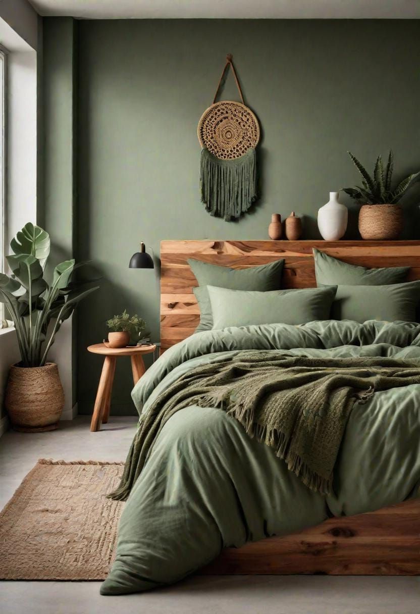 7. Soft Minimalism: Focus on clean lines with sage green bedding and minimalistic wooden furnishings-2