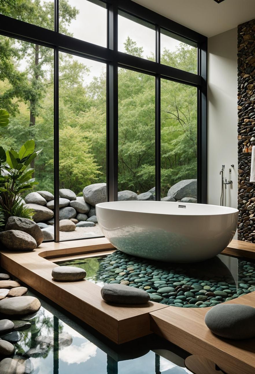 15 Chic Mid Century Modern Bathroom Ideas For Timeless Elegance 13 4. Sunken Bathtub with River Rocks-1