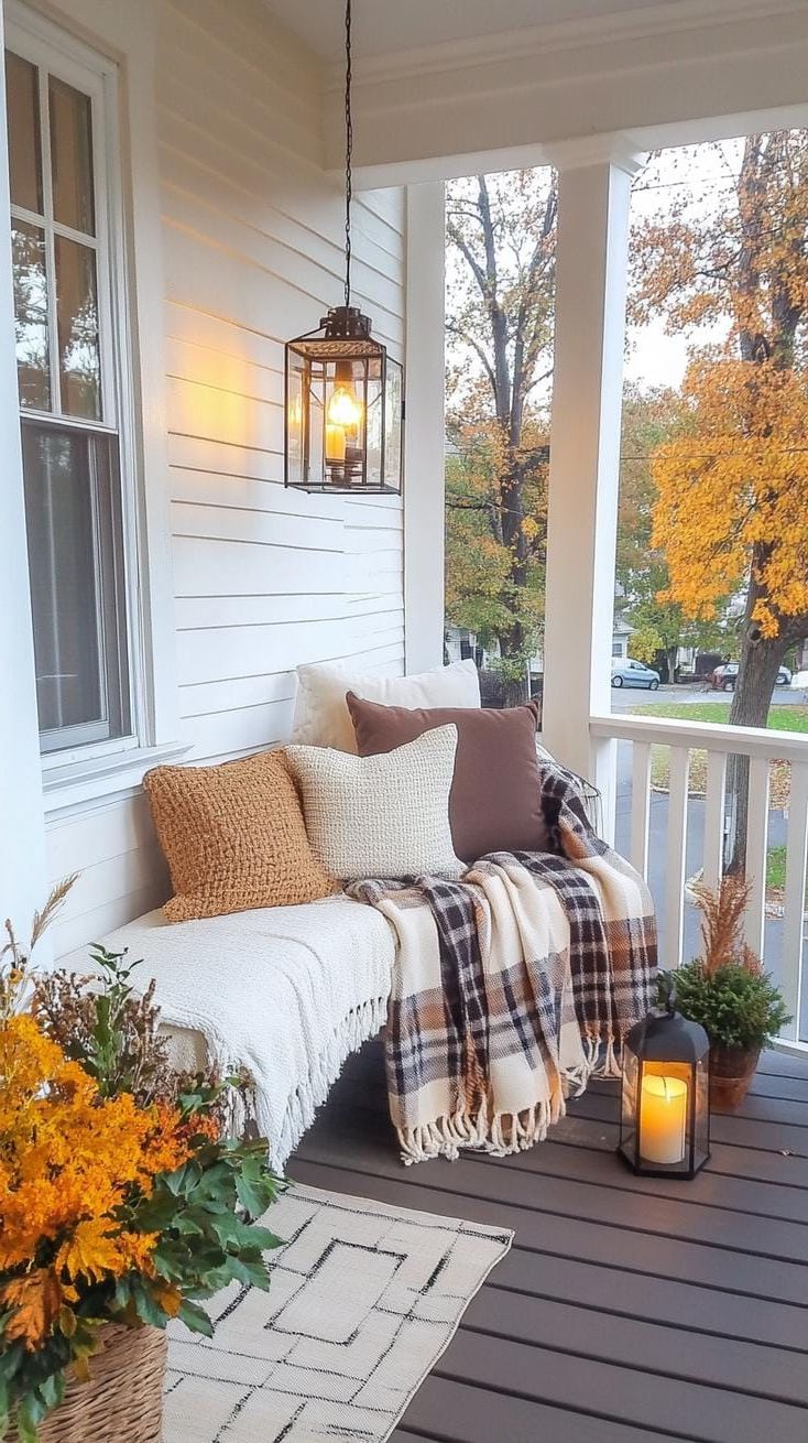 25 Beautiful Front Porch Ideas to Elevate Your Home Style 31 10. Cozy corner: Design an intimate nook with warm, oversized plaid blankets and an antique lantern centerpiece-2